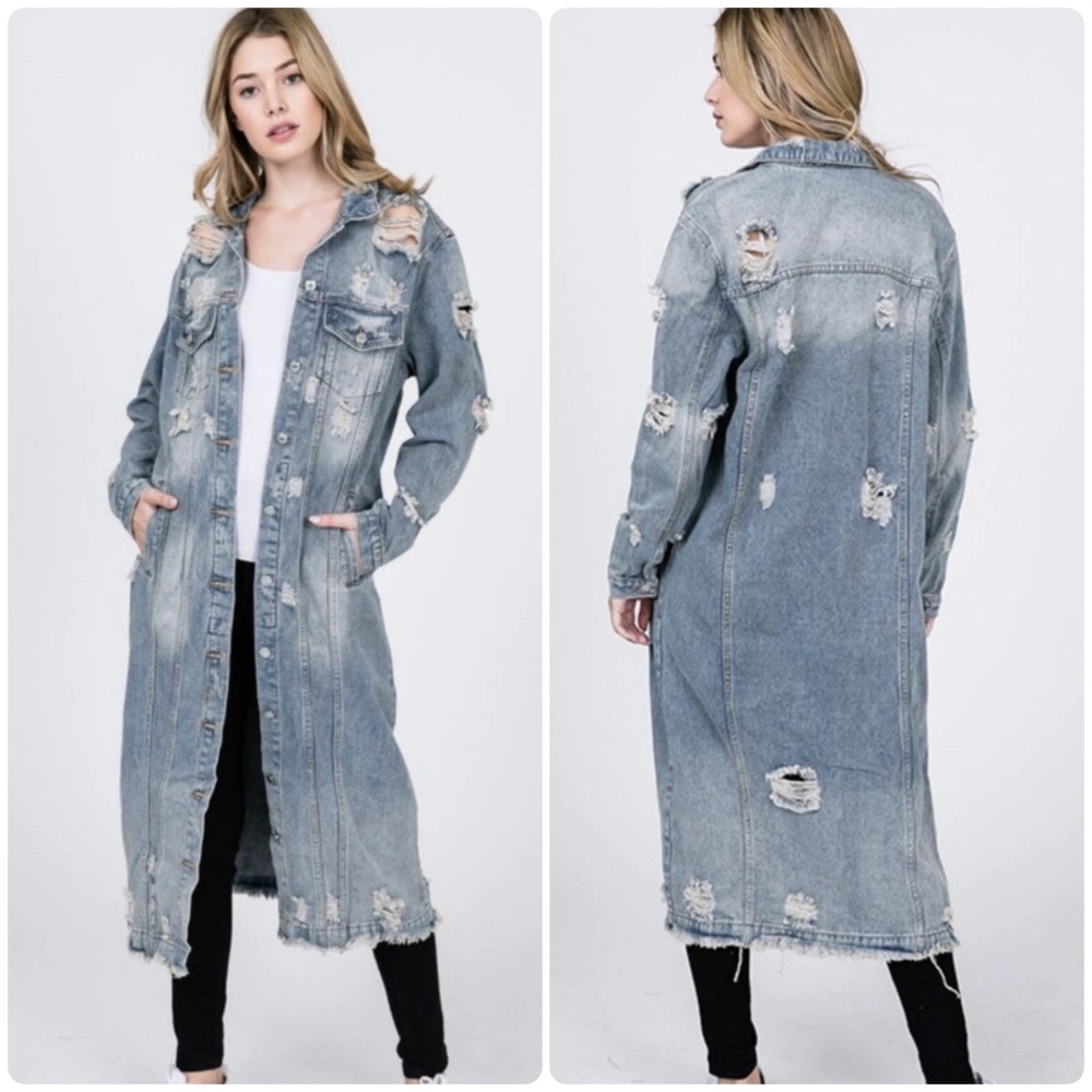 KOSMIOS Destructed Light Wash Denim Duster Jacket Size L